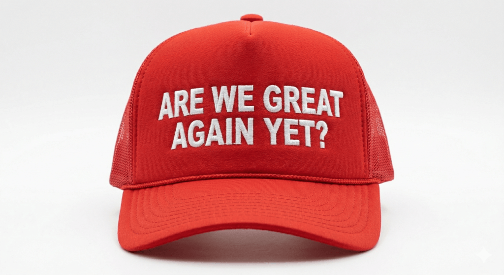 "Red-Trucker-Hat ARE-WE-GREAT- AGAIN-YET"