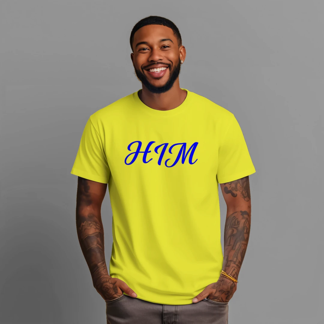 "Yellow-Short-Sleeve-SAI-FAI-Him-Blue-Text-T-shirt"